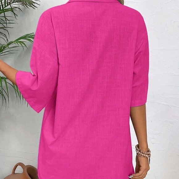 Hot Pink Casual Women's Summer Solid Color Drop-Shoulder Shirt And Loose Shorts - Picture 2 of 7
